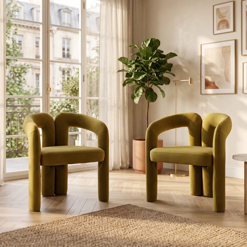 Lot de 2 chaises design sculpturales en velours vert moutarde ergonomique FLEX LEATHER ELITE