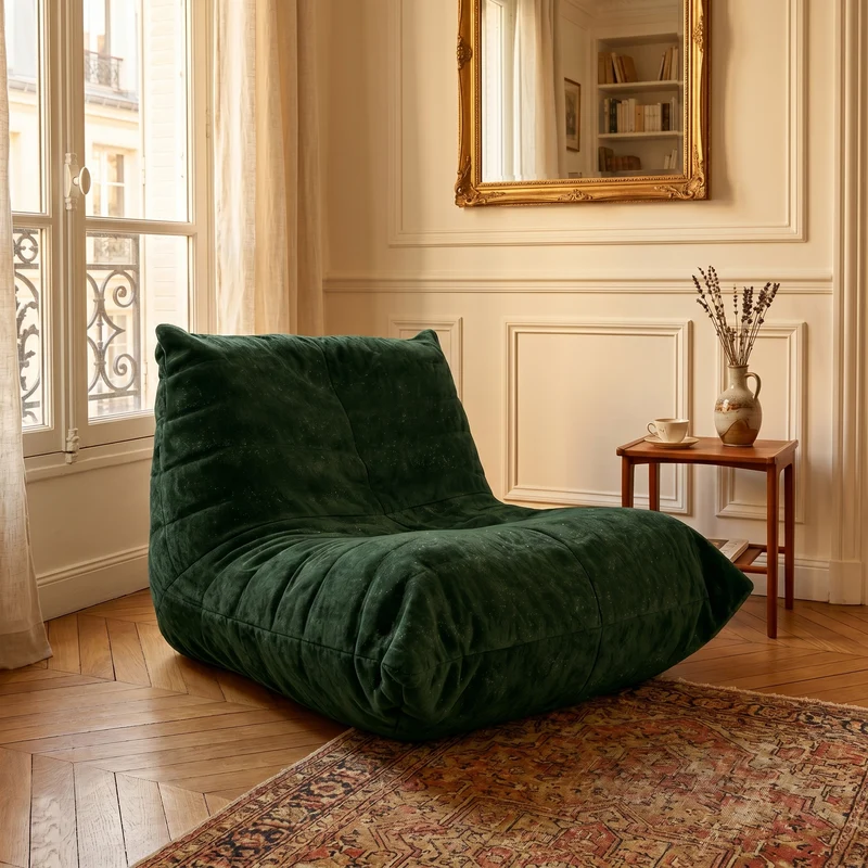 Chauffeuse matelassée chenille verte pailletée fauteuil de sol 90x100cm CHROMEPANEL