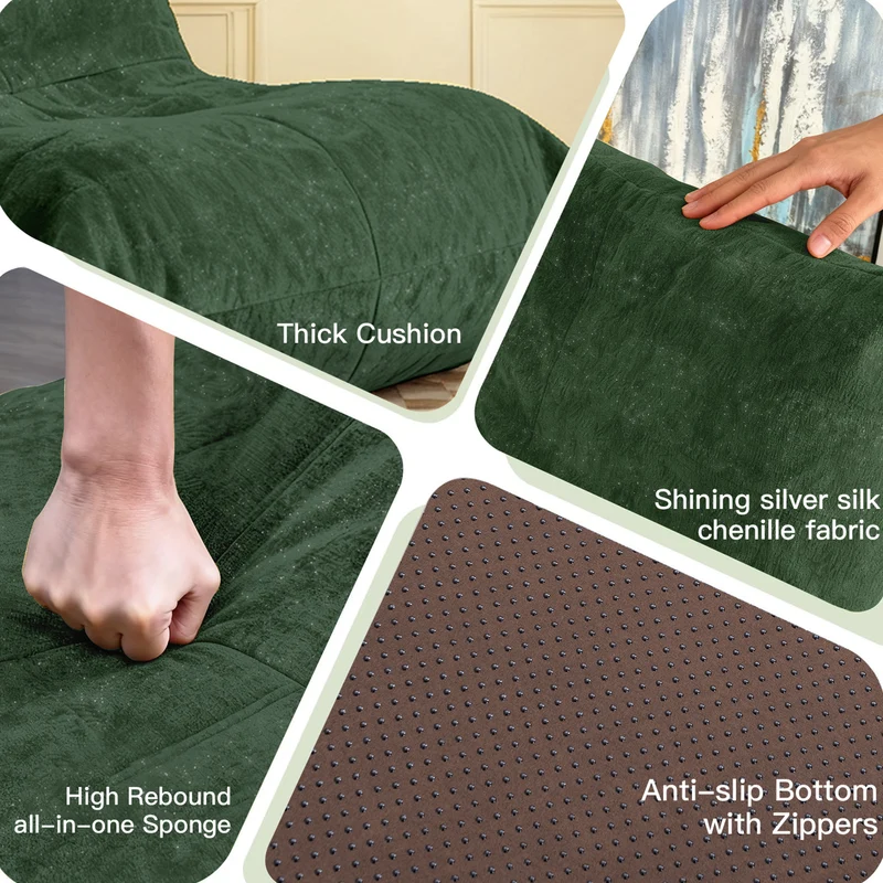 Chauffeuse matelassée chenille verte pailletée fauteuil de sol 90x100cm CHROMEPANEL