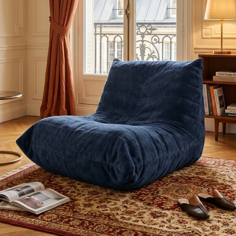 Chauffeuse matelassée chenille bleue pailletée fauteuil de sol 90x100cm CHROMERACK