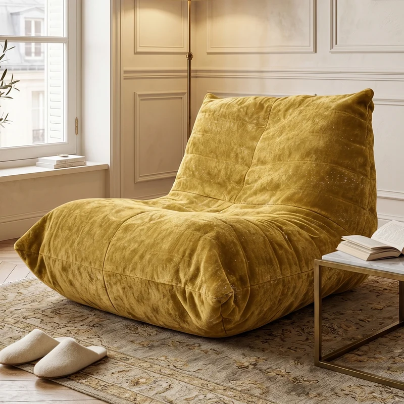 Chauffeuse matelassée chenille jaune moutard pailletée fauteuil de sol 90x100cm CHROMERUG