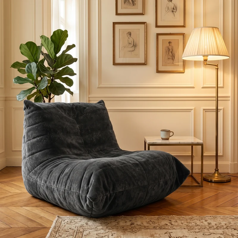 Chauffeuse matelassée chenille grise pailletée fauteuil de sol 90x100cm CHROMESTOOL