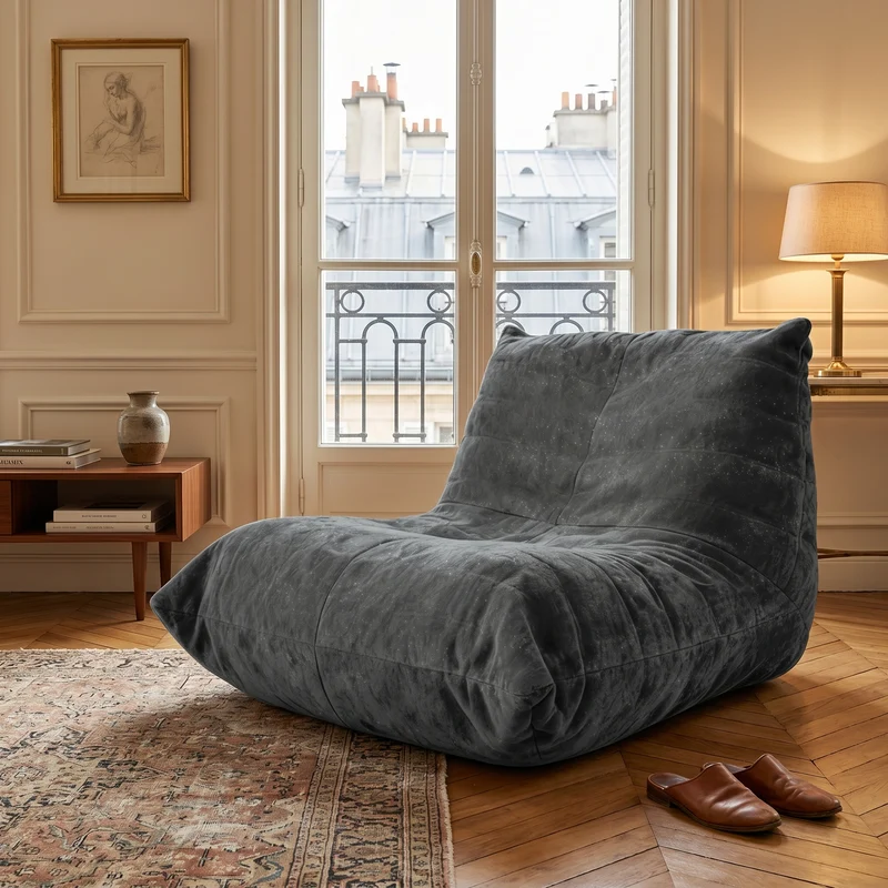 Chauffeuse matelassée chenille grise pailletée fauteuil de sol 90x100cm CHROMESTOOL