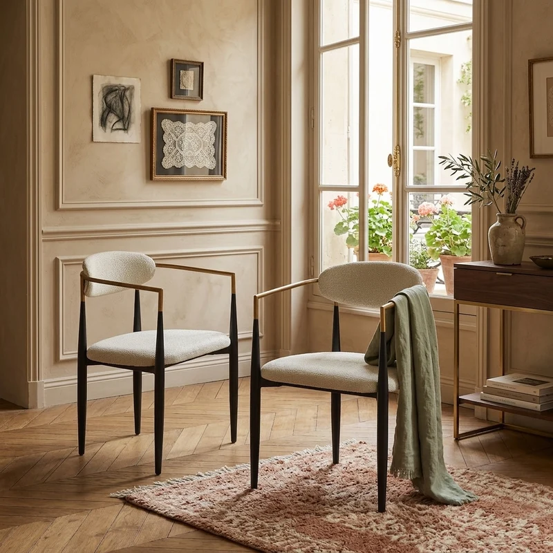 Lot de 2 chaises de salle à manger rétro tissu beige structure métallique noir et doré et accoudoire CLASSICCHAIRHOME