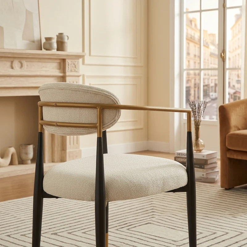 Lot de 2 chaises de salle à manger rétro tissu beige structure métallique noir et doré et accoudoire CLASSICCHAIRHOME