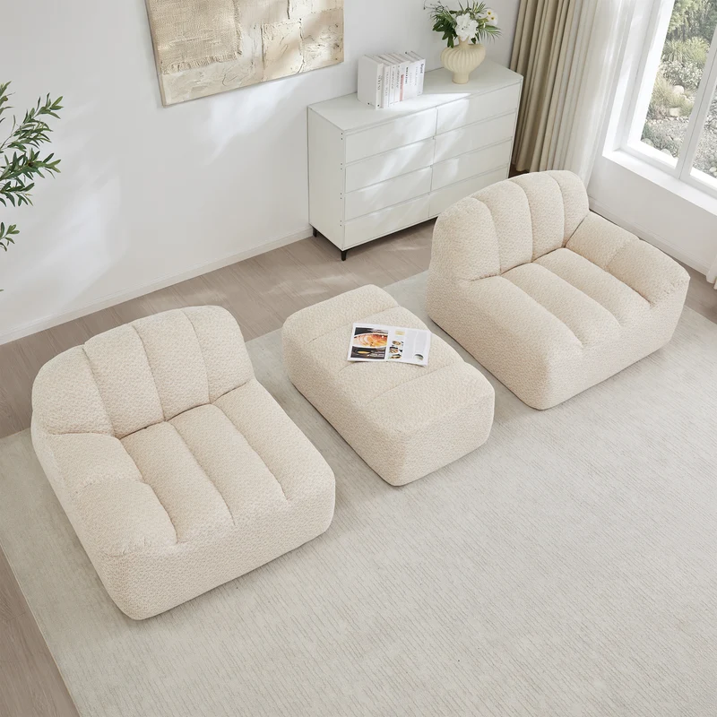 Canapé modulaire 2 places beige blanc avec pouf (effet méridienne), tissu polaire capitonné, sans montage prêt à l'emploi CHESTWALNUT