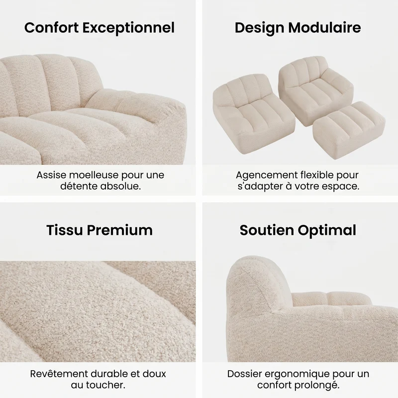 Canapé modulaire 2 places beige blanc avec pouf (effet méridienne), tissu polaire capitonné, sans montage prêt à l'emploi CHESTWALNUT