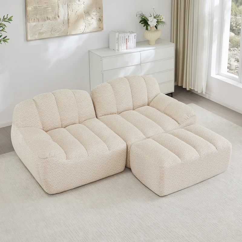 Canapé modulaire 2 places beige blanc avec pouf (effet méridienne), tissu polaire capitonné, sans montage prêt à l'emploi CHESTWALNUT