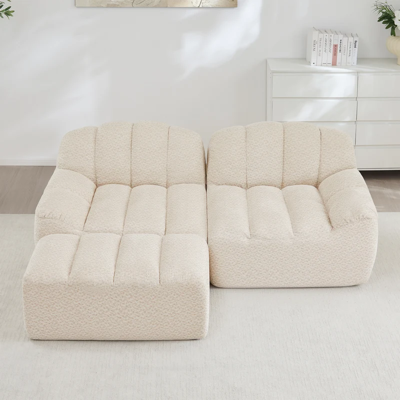 Canapé modulaire 2 places beige blanc avec pouf (effet méridienne), tissu polaire capitonné, sans montage prêt à l'emploi CHESTWALNUT