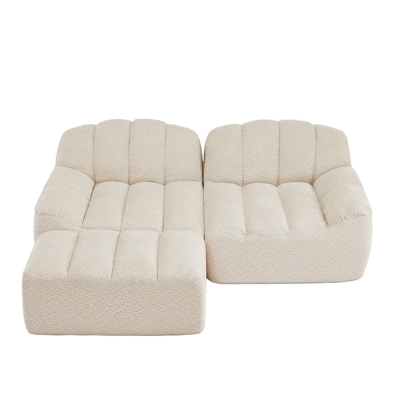 Canapé modulaire 2 places beige blanc avec pouf (effet méridienne), tissu polaire capitonné, sans montage prêt à l'emploi CHESTWALNUT