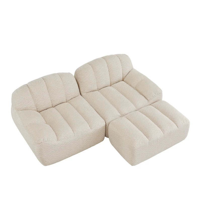 Canapé modulaire 2 places beige blanc avec pouf (effet méridienne), tissu polaire capitonné, sans montage prêt à l'emploi CHESTWALNUT