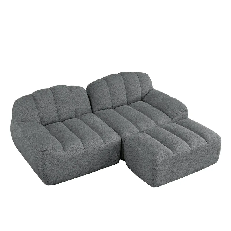 Canapé modulaire 2 places gris avec pouf (effet méridienne), tissu polaire capitonné, sans montage prêt à l'emploi CHESTNEST