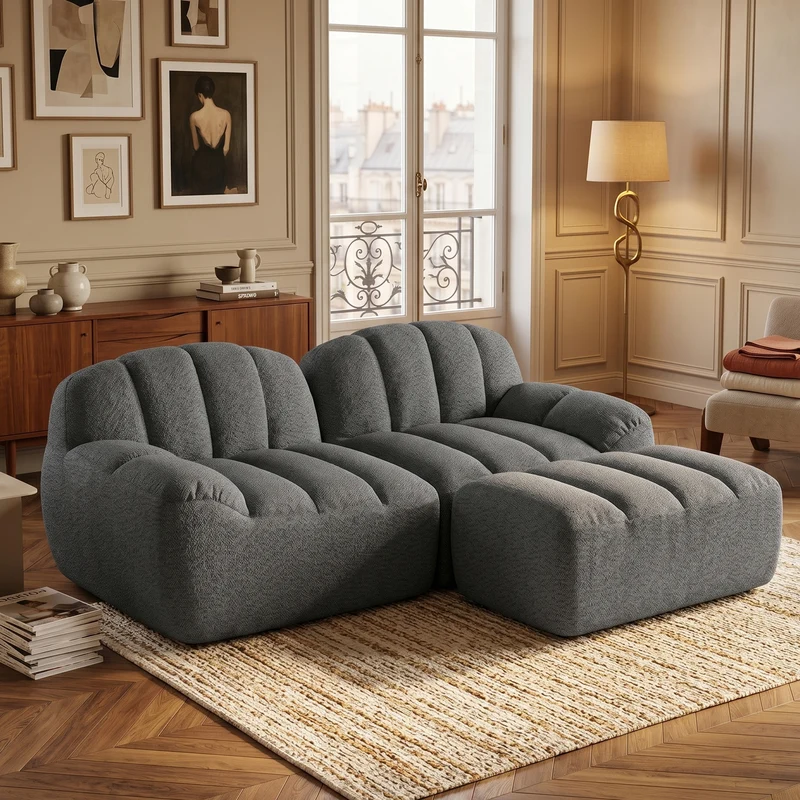 Canapé modulaire 2 places gris avec pouf (effet méridienne), tissu polaire capitonné, sans montage prêt à l'emploi CHESTNEST