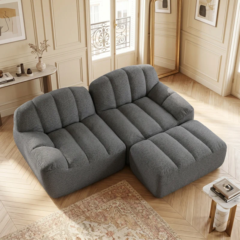 Canapé modulaire 2 places gris avec pouf (effet méridienne), tissu polaire capitonné, sans montage prêt à l'emploi CHESTNEST
