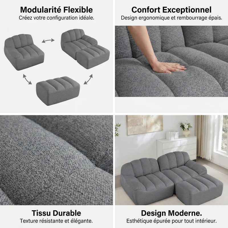 Canapé modulaire 2 places gris avec pouf (effet méridienne), tissu polaire capitonné, sans montage prêt à l'emploi CHESTNEST