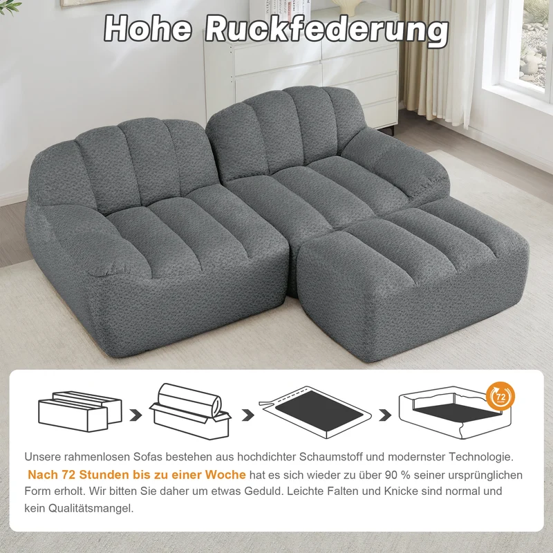 Canapé modulaire 2 places gris avec pouf (effet méridienne), tissu polaire capitonné, sans montage prêt à l'emploi CHESTNEST