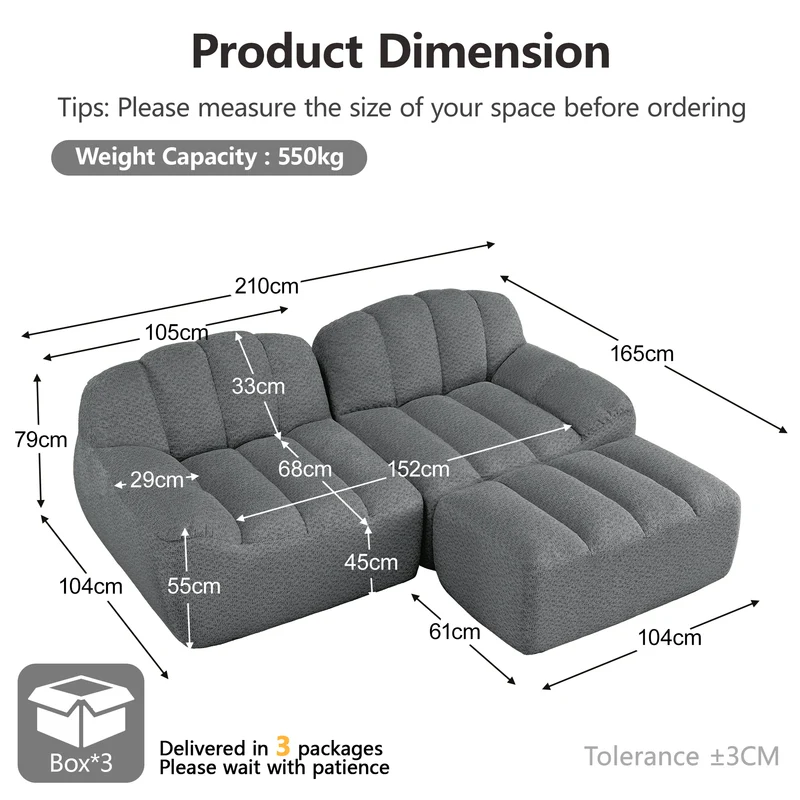 Canapé modulaire 2 places gris avec pouf (effet méridienne), tissu polaire capitonné, sans montage prêt à l'emploi CHESTNEST