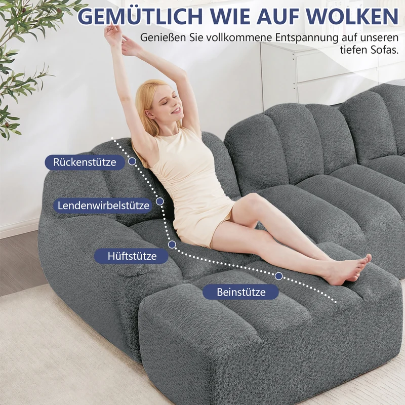 Canapé modulaire 2 places gris avec pouf (effet méridienne), tissu polaire capitonné, sans montage prêt à l'emploi CHESTNEST