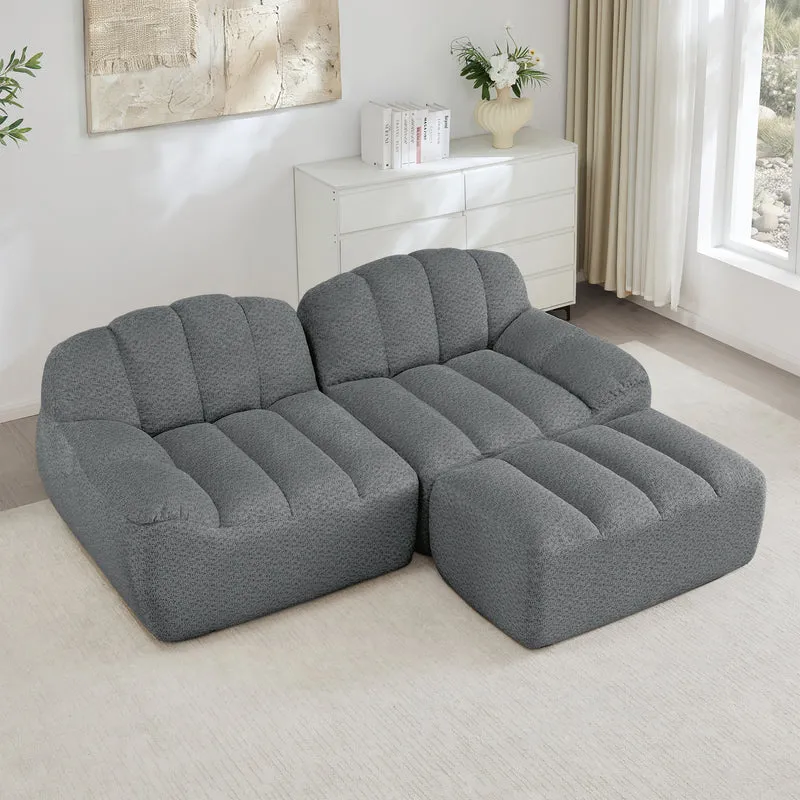 Canapé modulaire 2 places gris avec pouf (effet méridienne), tissu polaire capitonné, sans montage prêt à l'emploi CHESTNEST