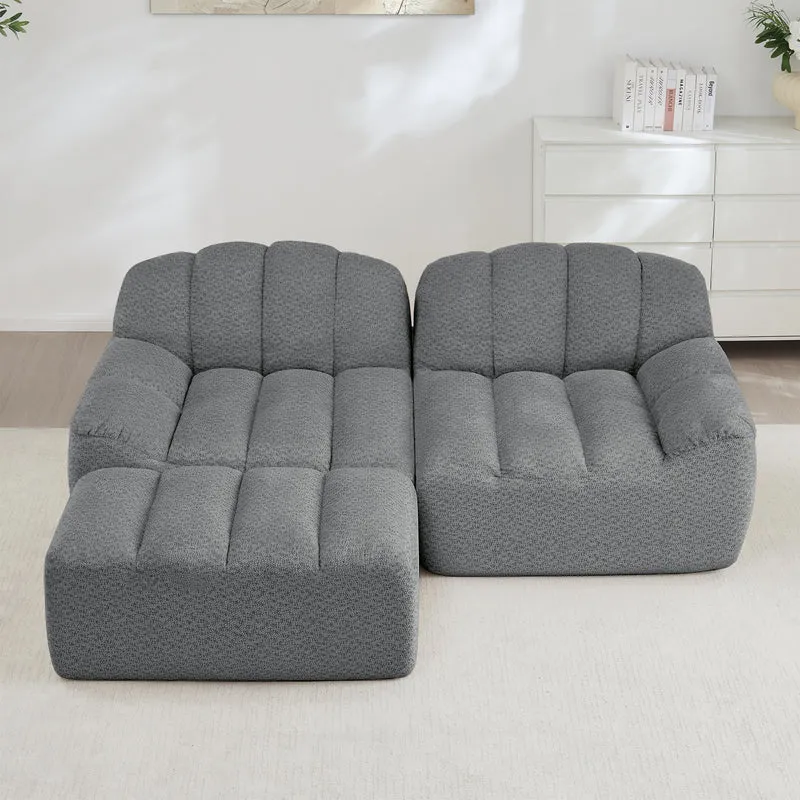 Canapé modulaire 2 places gris avec pouf (effet méridienne), tissu polaire capitonné, sans montage prêt à l'emploi CHESTNEST