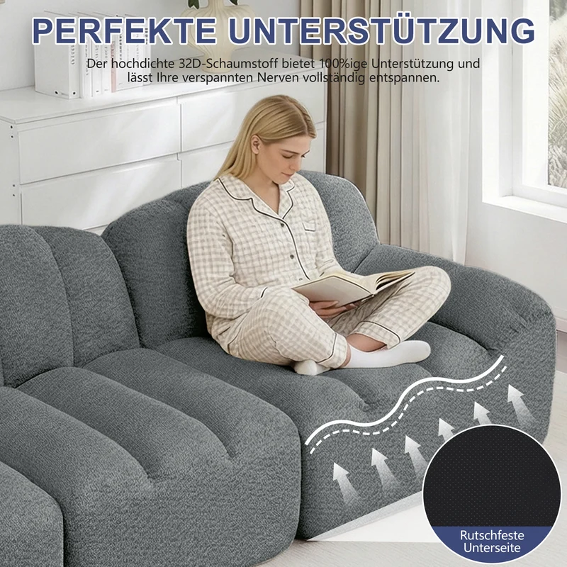 Canapé modulaire 2 places gris avec pouf (effet méridienne), tissu polaire capitonné, sans montage prêt à l'emploi CHESTNEST
