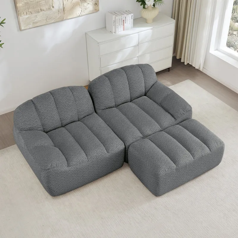 Canapé modulaire 2 places gris avec pouf (effet méridienne), tissu polaire capitonné, sans montage prêt à l'emploi CHESTNEST