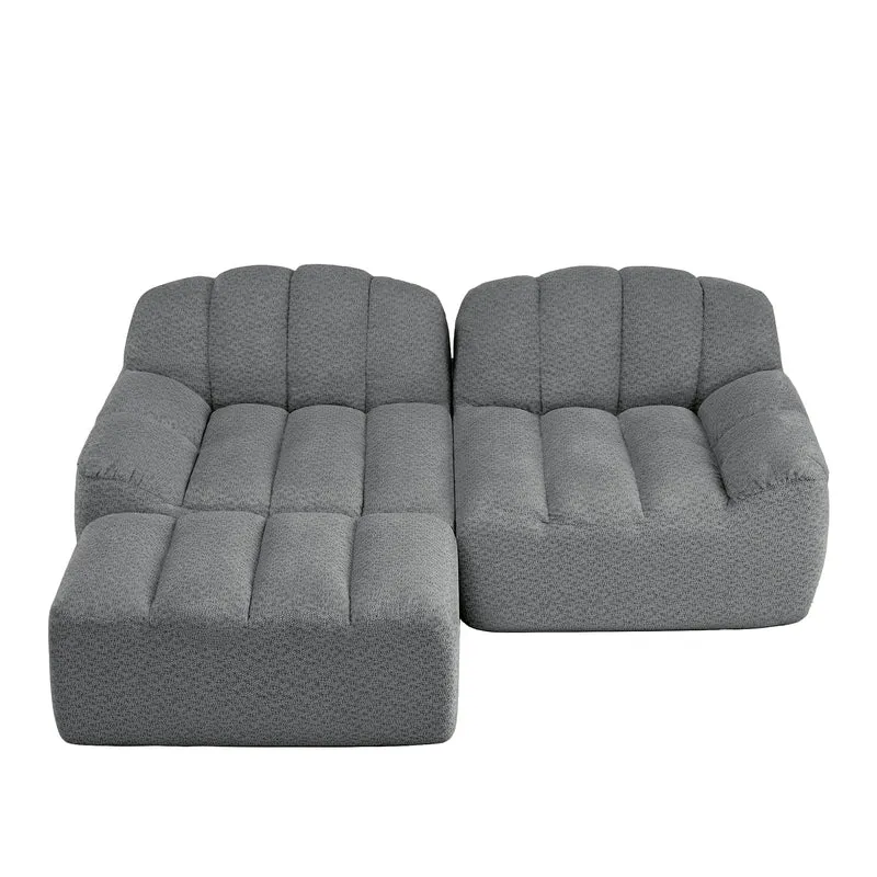 Canapé modulaire 2 places gris avec pouf (effet méridienne), tissu polaire capitonné, sans montage prêt à l'emploi CHESTNEST