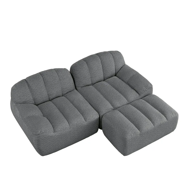 Canapé modulaire 2 places gris avec pouf (effet méridienne), tissu polaire capitonné, sans montage prêt à l'emploi CHESTNEST