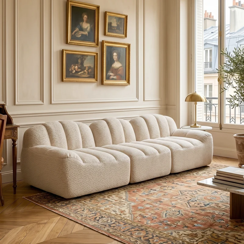 Canapé modulaire 3 places beige blanc avec pouf, tissu polaire capitonné, sans montage prêt à l'emploi CHESTSPACE