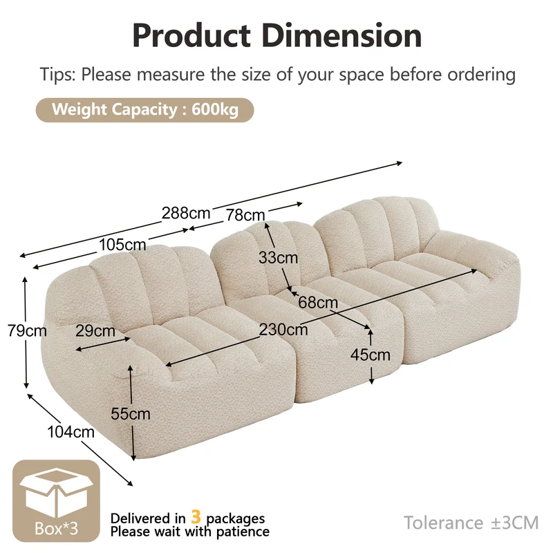 Canapé modulaire 3 places beige blanc avec pouf, tissu polaire capitonné, sans montage prêt à l'emploi CHESTSPACE
