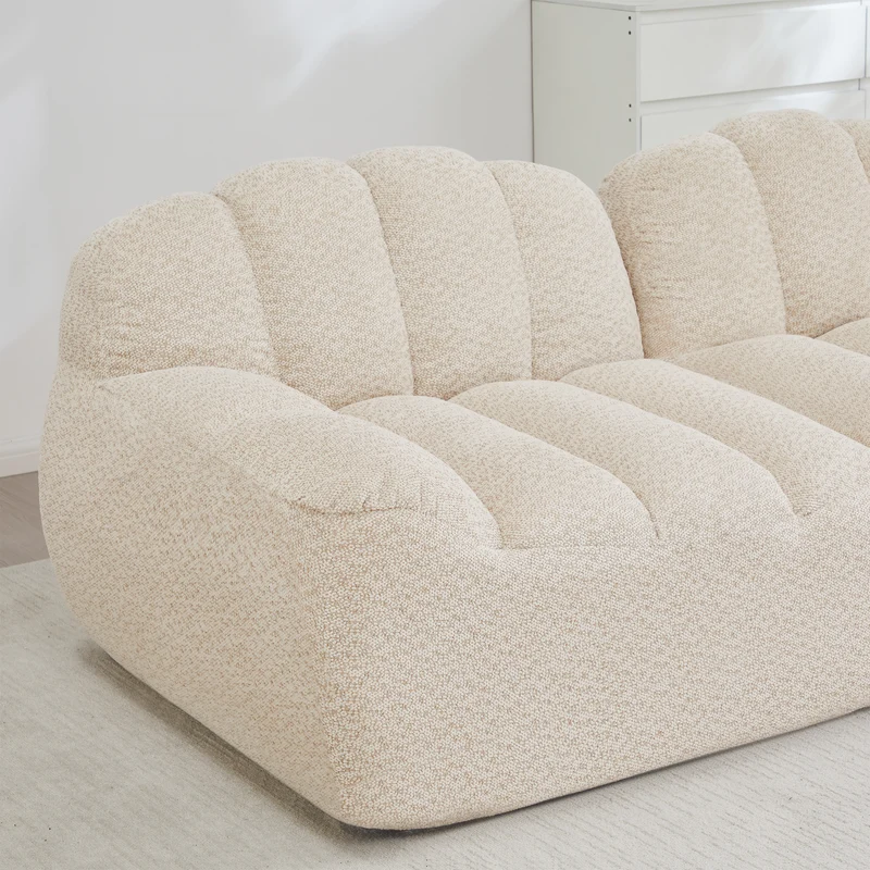 Canapé modulaire 3 places beige blanc avec pouf, tissu polaire capitonné, sans montage prêt à l'emploi CHESTSPACE