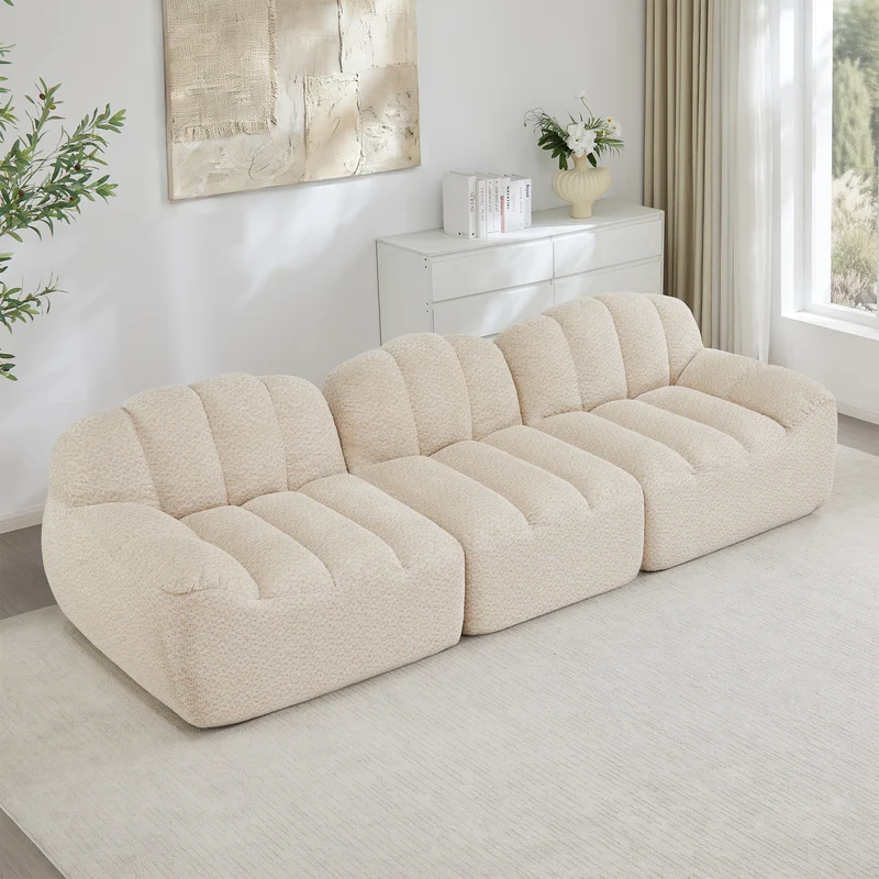Canapé modulaire 3 places beige blanc avec pouf, tissu polaire capitonné, sans montage prêt à l'emploi CHESTSPACE