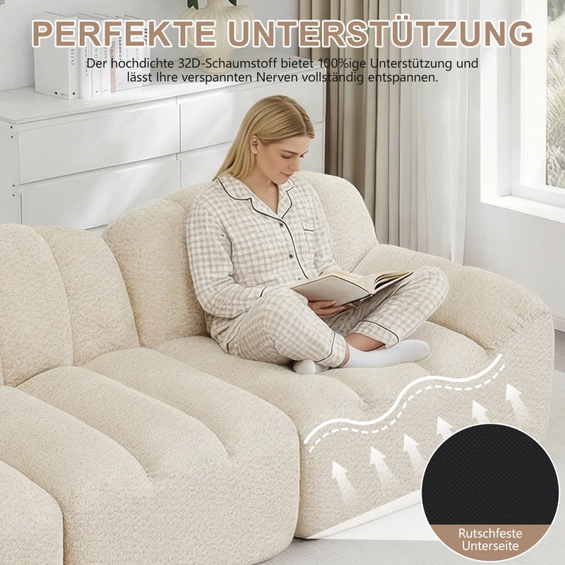 Canapé modulaire 3 places beige blanc avec pouf, tissu polaire capitonné, sans montage prêt à l'emploi CHESTSPACE