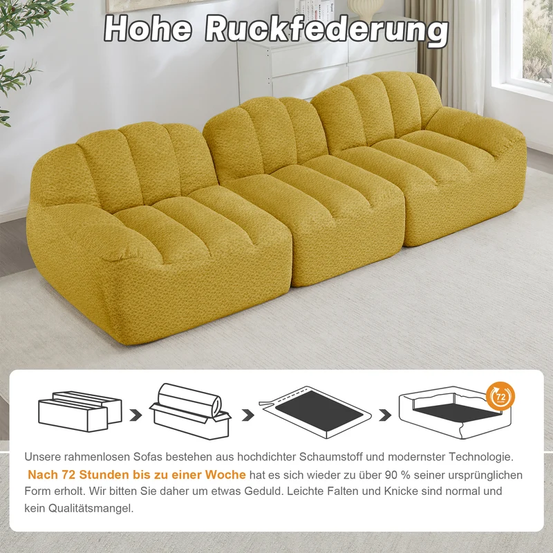 Canapé modulaire 3 places jaune moutard avec pouf, tissu polaire capitonné, sans montage prêt à l'emploi CHESTRATTAN