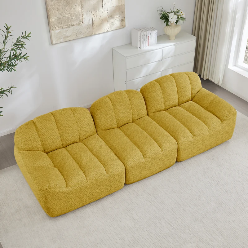Canapé modulaire 3 places jaune moutard avec pouf, tissu polaire capitonné, sans montage prêt à l'emploi CHESTRATTAN