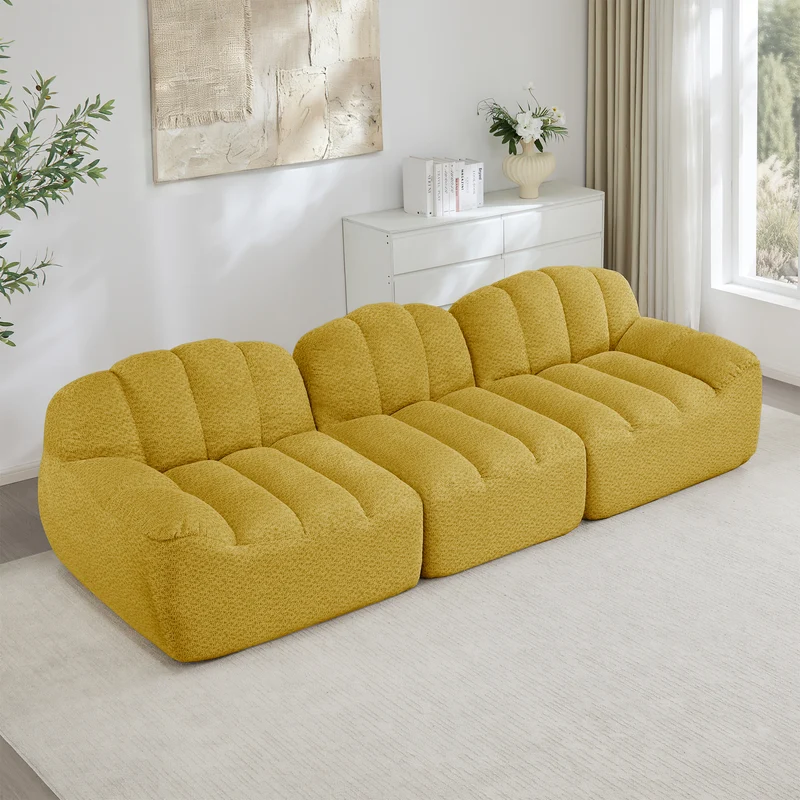 Canapé modulaire 3 places jaune moutard avec pouf, tissu polaire capitonné, sans montage prêt à l'emploi CHESTRATTAN