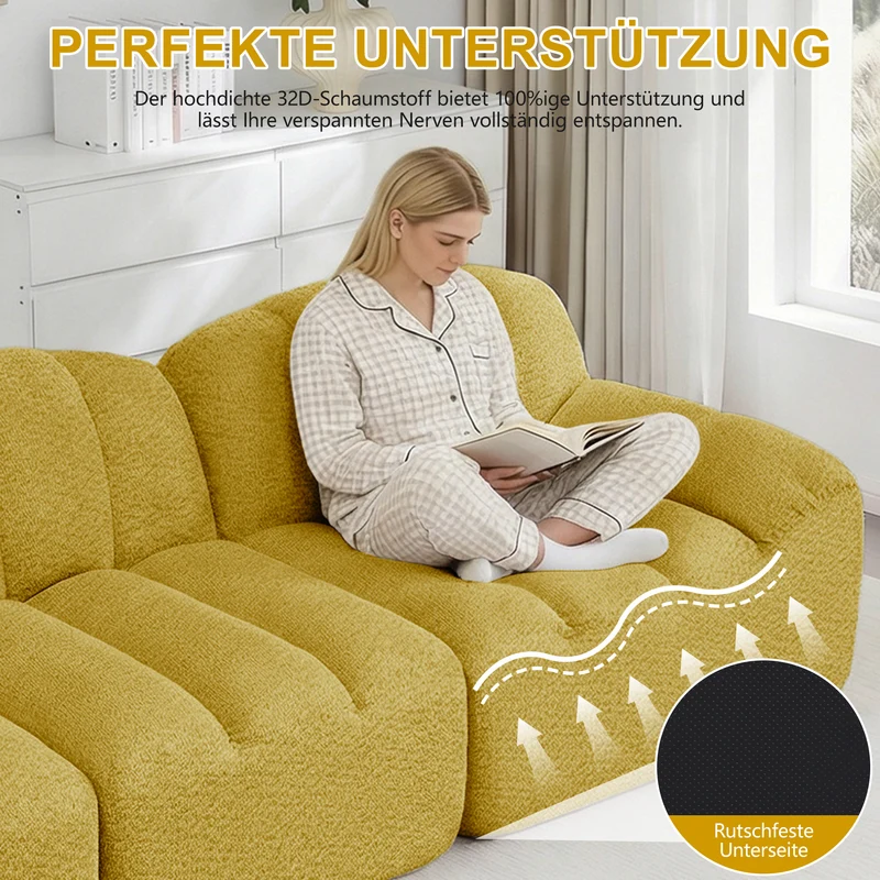 Canapé modulaire 3 places jaune moutard avec pouf, tissu polaire capitonné, sans montage prêt à l'emploi CHESTRATTAN