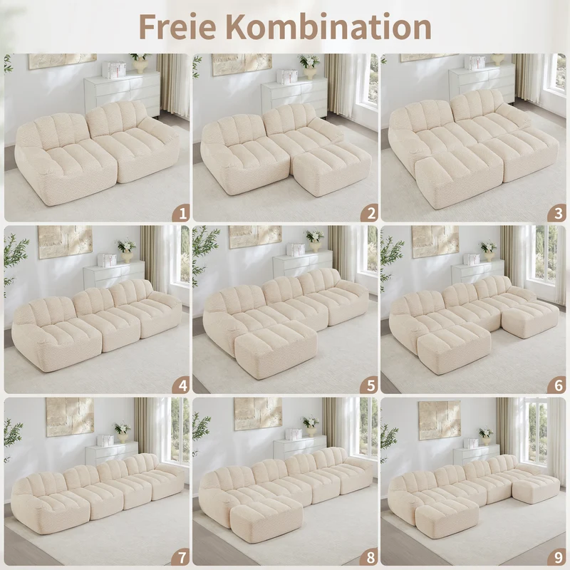 Canapé modulable 2 places beige blanc, tissu polaire capitonné, sans montage prêt à l'emploi CHESTSETCHESTSTONE