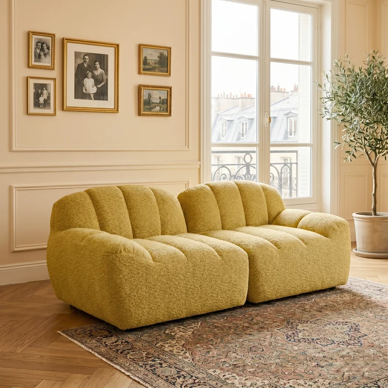 Canapé modulable 2 places jaune moutard, tissu polaire capitonné, sans montage prêt à l'emploi CHESTSET
