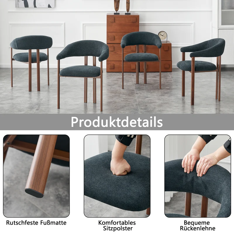 Lot de 4 chaises de salle à manger en lin noir, pieds métalliques effet noyer CLASSICBRASSELITE