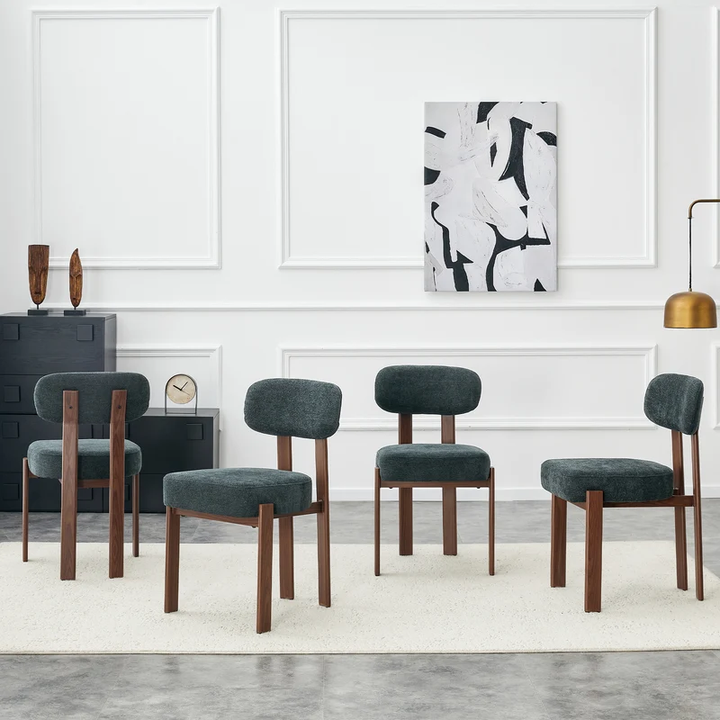 Lot de 4 chaises de salle à manger en lin noir, dossier courbé, rembourrage épais 57x49x82,5 cm CLASSICBOXHOME