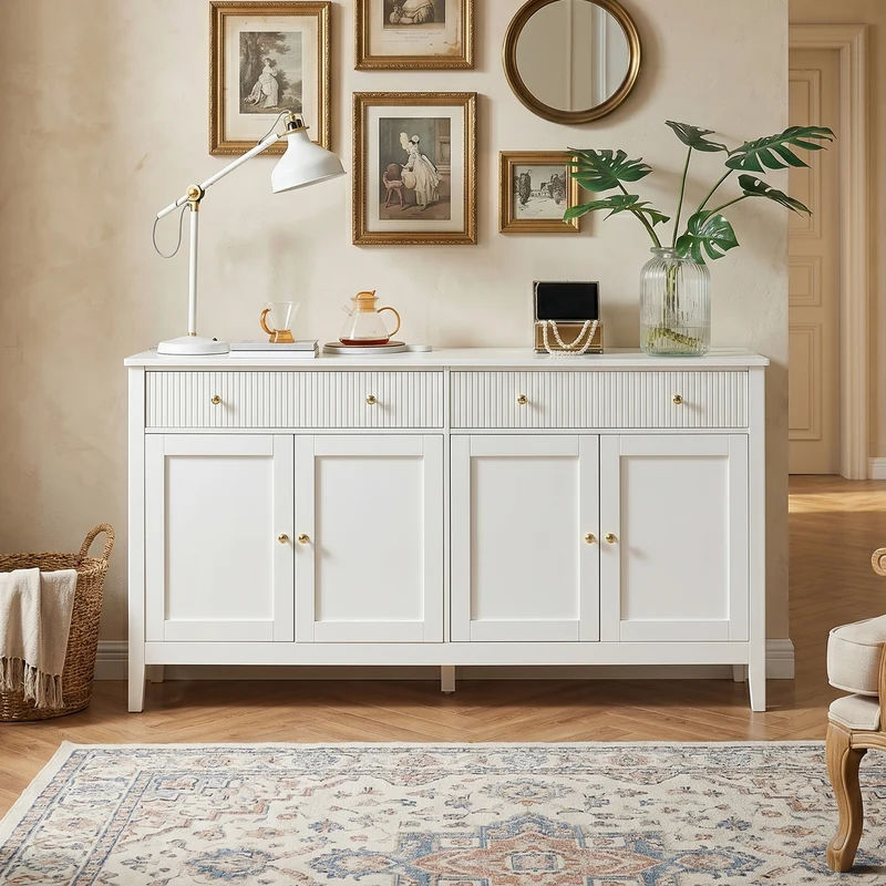 Buffet blanc 2 tiroirs à façades rainurées, 4 portes et poignées dorées 160x40x82cm CLASSICBARSET