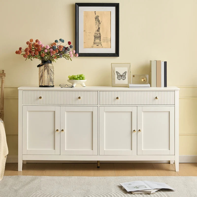 Buffet blanc 2 tiroirs à façades rainurées, 4 portes et poignées dorées 160x40x82cm CLASSICBARSET