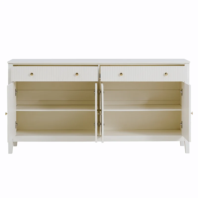 Buffet blanc 2 tiroirs à façades rainurées, 4 portes et poignées dorées 160x40x82cm CLASSICBARSET