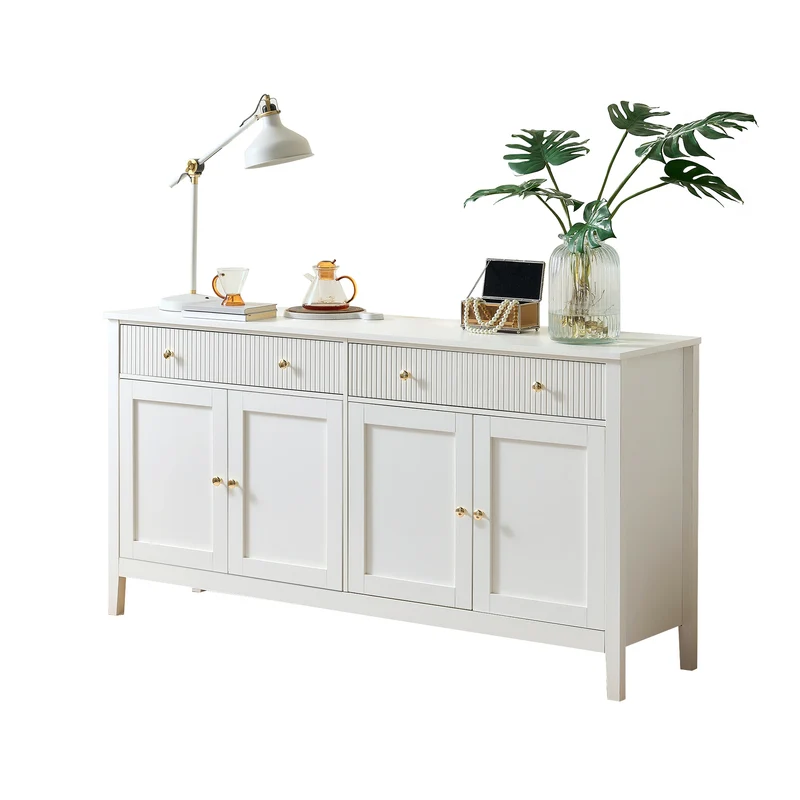 Buffet blanc 2 tiroirs à façades rainurées, 4 portes et poignées dorées 160x40x82cm CLASSICBARSET