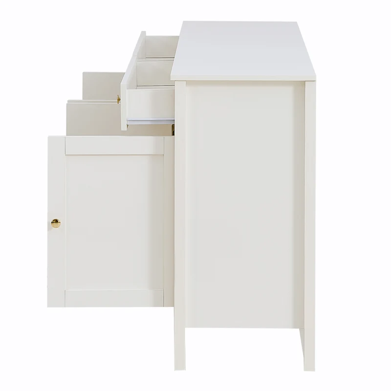 Buffet blanc 2 tiroirs à façades rainurées, 4 portes et poignées dorées 160x40x82cm CLASSICBARSET