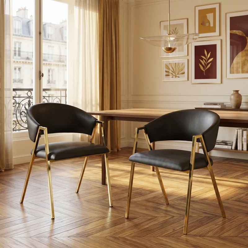 Lot de 2 chaises de salle à manger en similicuir noir, cadre métal doré CLASSICCEILINGHOME