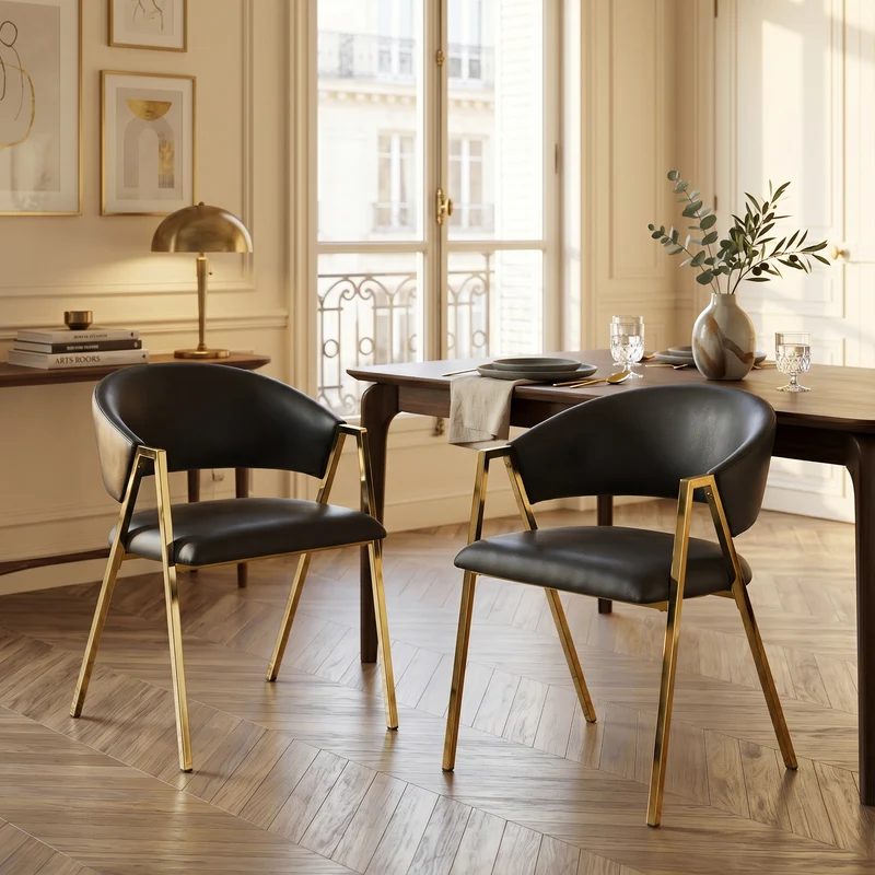 Lot de 2 chaises de salle à manger en similicuir noir, cadre métal doré CLASSICCEILINGHOME