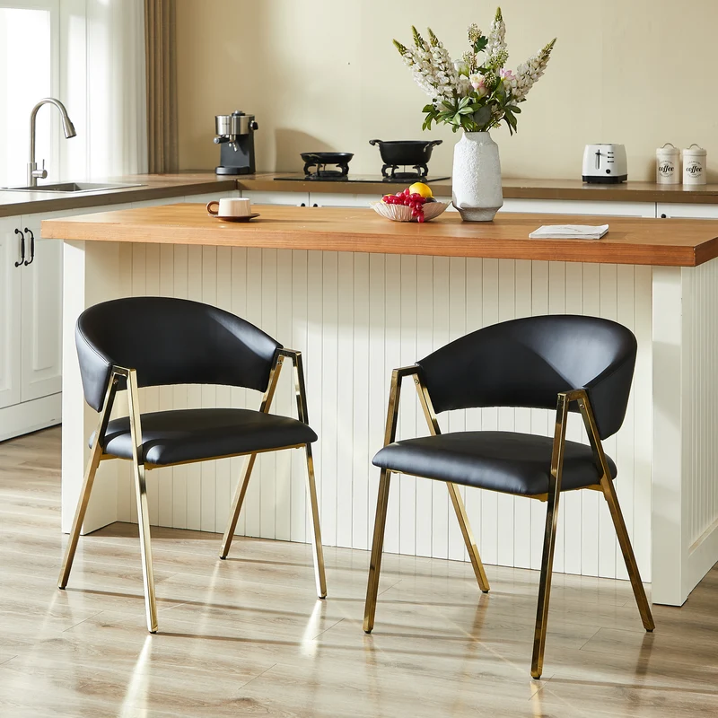 Lot de 2 chaises de salle à manger en similicuir noir, cadre métal doré CLASSICCEILINGHOME