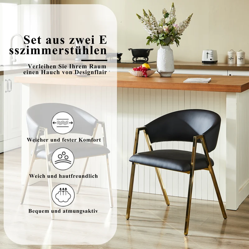 Lot de 2 chaises de salle à manger en similicuir noir, cadre métal doré CLASSICCEILINGHOME